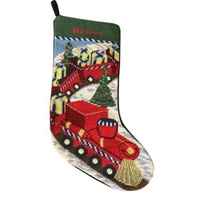 Lands’ End Needlepoint Christmas Train Stocking Michael Monogrammed